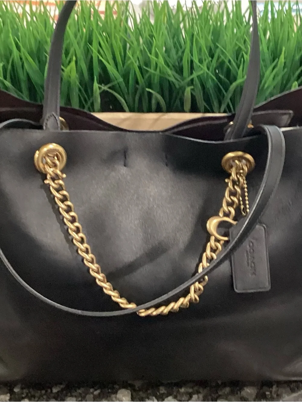 Coach Black Leather Tote with Gold Chain Handles - Picture 4 of 6